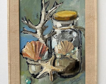 Shell Oil Painting: Coastal Beach Framed Home Decor, 8x12, Original Art