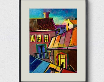 Roofs. Old town. Framed original oil pastel painting oil sticks. Dawn town birds on the roof primitive bright wall art crafted pastel sketch