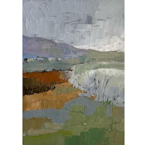 Paisaje de montaña Pintura al óleo semiabstracta original de 8 por 12, paisaje de casa de montaña, pueblo otoñal, colinas nubladas, arte de pared con empasto