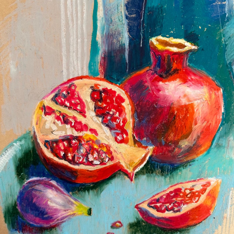 Original gerahmtes Öl-Pastellgemälde Ölstifte Wandkunst heller Granatapfel Stillleben Gemälde 12x16 in realistisch gearbeiteter Granatkunst Bild 7