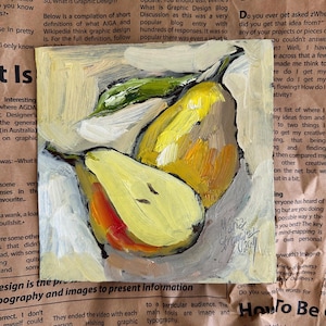 Peren schilderij 7 x 7 keuken decor halve peer stilleven gele peer origineel olieverfschilderij vers voedsel plakje peer impressionistisch interieur