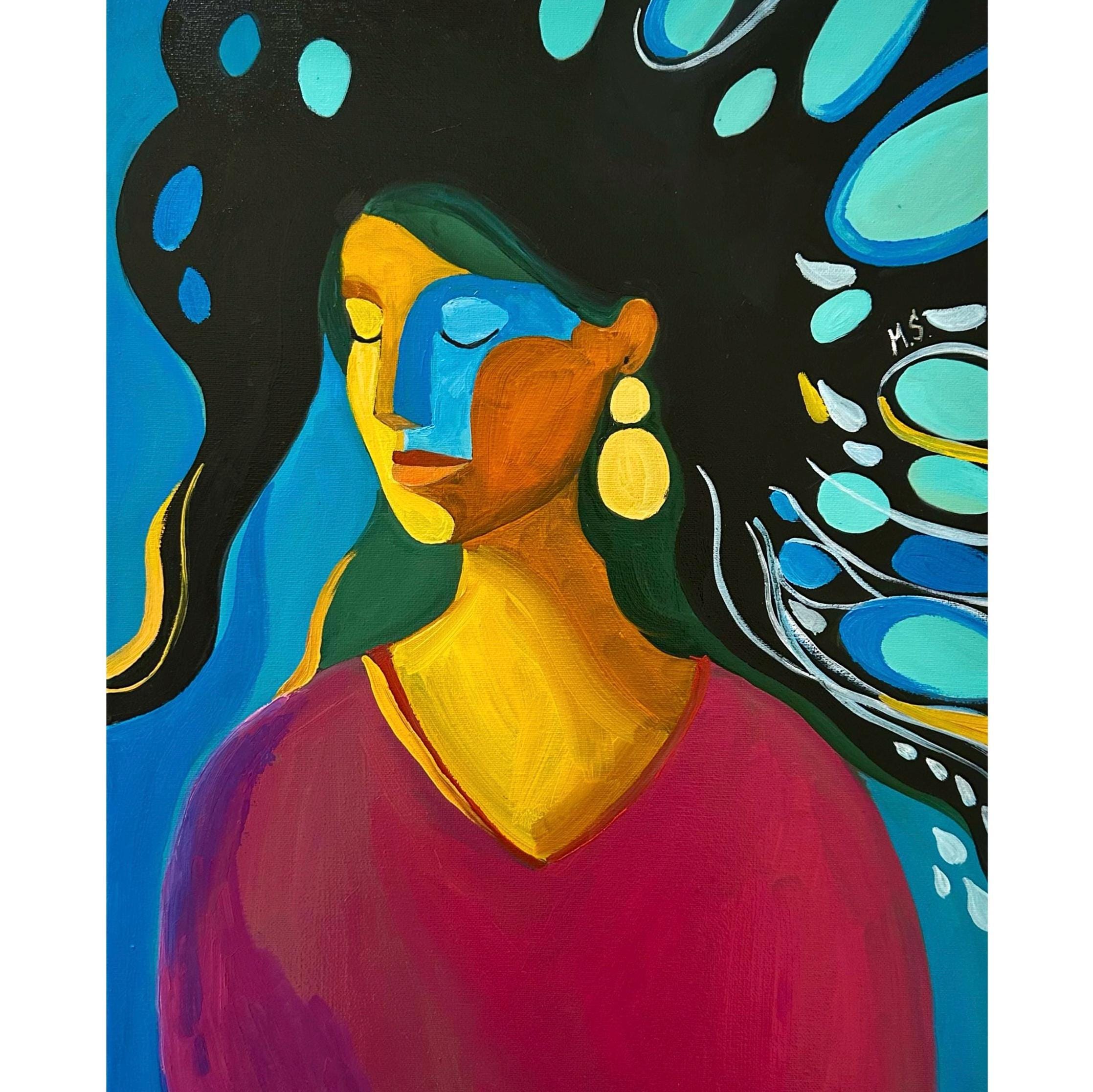 Abstract Woman Portrait Painting: Calm Yoga Artwork, 16x20 Canvas