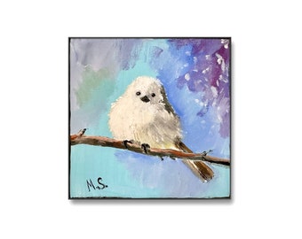 Peinture avec un petit oiseau mignon. Miniature originale sur toile 6 x 6 pouces fabriquée à la main oiseau mural art miniature oeuvre cadeau moderne pour elle