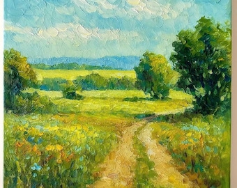 Olieverfschilderij Impasto Meadow: muurkunst zonnig landschap