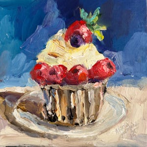 Impasto Cupcake Oil Painting: Berry Kitchen Decor, 8x8 Still Life