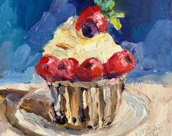 Impasto Cupcake Oil Painting: Desert Scene Decor, 8x8 Still Life