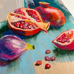 Original gerahmtes Öl-Pastellgemälde Ölstifte Wandkunst heller Granatapfel Stillleben Gemälde 12x16 in realistisch gearbeiteter Granatkunst Bild 4