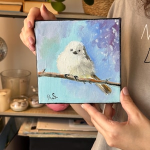 Bird painting Original small home decor handmade fluffy white Bird Wall art miniature artwork pet portrait animal art Japanese bird painting