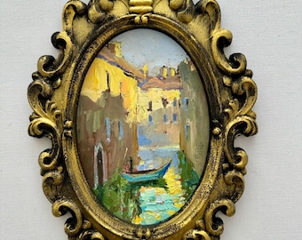 Venice Oil Painting: Canal Cityscape, Italy Impasto Art, Baroque Oval Frame Painting