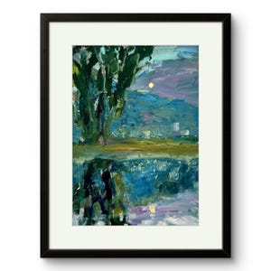 Pintura ao luar Casas nas montanhas Paisagem semi-abstrata em óleo emoldurada 8 por 12 Paisagem noturna impressionista Vista de Israel Arte de parede