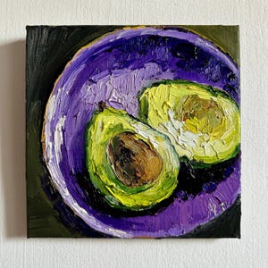 Avocado painting Original impasto oil wall art canvas 8 x 8 kitchen decor bowl avocado halves vegetables painting Still life food wall art