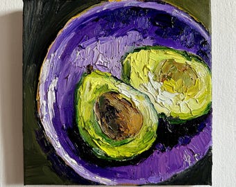 Avocado in the Plate Oil Painting: Impasto Still Life Kitchen Decor, Palette Knife original Art