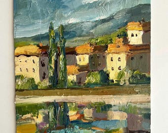 houses in the mountains Israel Original impasto oil painting 8 x 10 sunny Impressionist landscape southern village rural view wall art