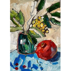 Pintura de mimosa, arte de parede granada 8 x 12, arte de romã, semi-abstrata, natureza morta, buquê, arte contemporânea feita à mão, pintura granada