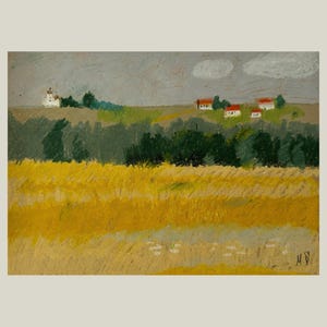 Dorf Landschaft original Öl Pastell Malerei 12 x 8 Herbst ländliche Landschaft ländliche Häuser im Feld Ölstift Wand Kunst Feldlandschaft