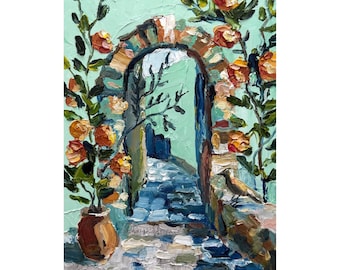 Garden Arch Oil Painting: Romantic Floral Garden Art, Flower Pathway Artwork