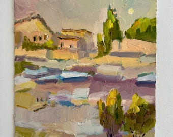 Rural Landscape Oil Painting: Autumn Southern Village Cottage Landscape 8x10 in