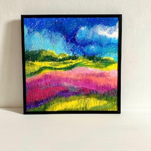 Meadow oil pastel painting Framed wall art 12 by 12 spring village landscape field wall art vibrant artwork oil pastel rural landscape