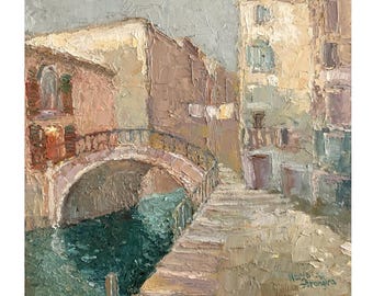 Venetian Bridge Oil Painting: Impasto Italy Canal Cityscape Art, 16x16 Canvas