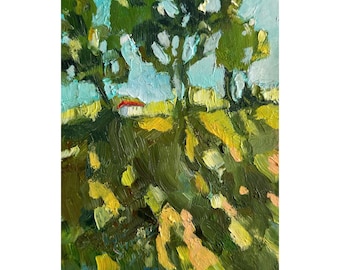 Trees Rural Landscape Oil Painting: Impasto Field Landscape, Cottagecore Art Work