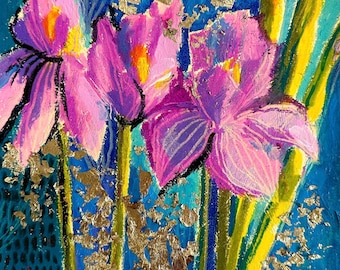 オリジナル手描きオイルパステル画：花咲く草原、雲景（5 1/2 x 8 1/4