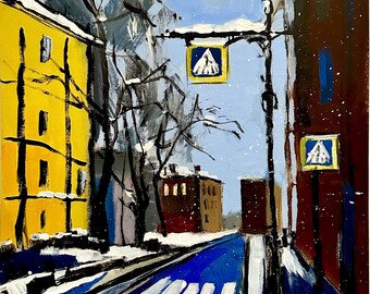 Snowy Cityscape Oil Painting, European Winter Street Art (12x16)