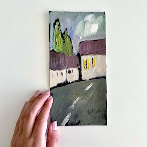 Pintura al óleo original de City Road, 4 x 7,5, arte mural de paisaje urbano en miniatura, obra de arte expresionista de paisaje diminuto, pintura primitiva de ciudad vieja