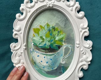 Succulent Oil Painting: Shabby Ornate Oval Frame Art, Cottagecore Decor