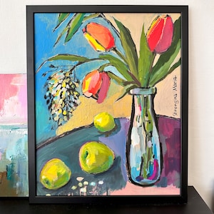 Tulipas pintura decorativa óleo arte de parede maçãs natureza morta arte moderna fruta buquê de flores pintura floral colorida tulipa óleo arte de parede