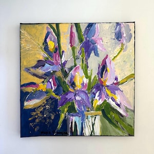 Irises Painting: Handmade Impasto Floral Art on Canvas (12x12)