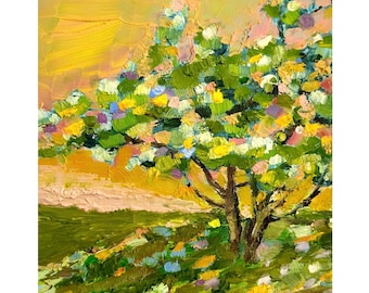 Flowering Tree Oil Painting: Impasto  Summer Sunset Landscape Art canvas 8x10