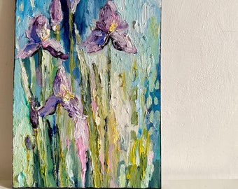 Irises Impasto Painting, Original Floral Botanical Art, purple flowers wall art