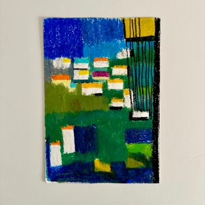 Abstract Cityscape Oil Pastel Painting: Naive Art, Mountain View (8x12)