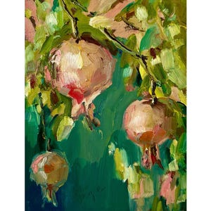 Árvore de romã Impressão original pintura a óleo 8 x 12 pol. Fruta granada no pomar de árvores abundantes jardim florido arte de parede botânica