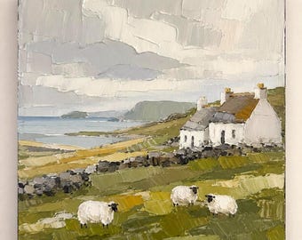 Wild Atlantic Way Painting Ireland Original Art Impasto Oil Artwork Irish Cottage Sheep