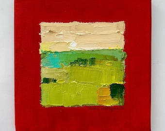 Abstract Impasto Sunset Oil Painting: Red Field Landscape, 8x8