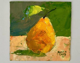 Yellow Pear Still Life Oil Painting: Original Small Kitchen Decor with Fruit