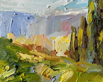 Mountain landscape cypresses Original oil painting on canvas 8 by 8 landscape impasto painting sunny day small oil wall art positive view