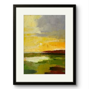 Pintura de pôr do sol 8 x 12 arte de parede rural pintura de paisagem abstrata colinas brilhante arte semi abstrata pintura de fazenda rural impasto campo arte