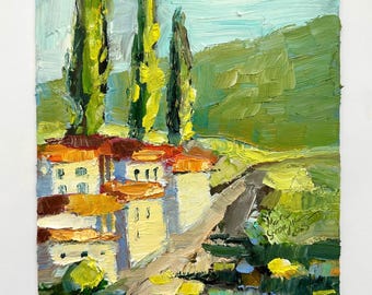 Mountain Village Landscape Oil Painting: Cypress Trees Israeli Artwork 8x10