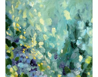 Impressionist Flowering Garden Oil Painting: Sun Glare Blossom Tree Artwork, canvas 12x12