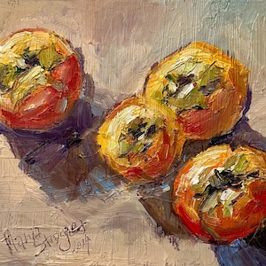 Natureza morta de caqui Pintura a óleo original 7 x 9 decoração de cozinha pintura de frutas laranja pequeno close-up pintura de comida doce vista superior arte de parede