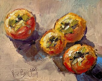 Pintura al óleo original de caqui: Naturaleza muerta, decoración de cocina (25,4 x 20,3 cm)