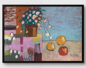 Daisies Painting Framed naive oil pastel painting 27 x 19 original oil pastel wall art primitive art flowers plant painting by klaretsART