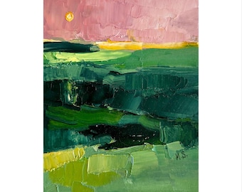 Pink Sunset Oil Painting: Abstract Landscape Impasto Artwork