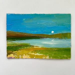 Pintura de lago, pintura noturna, paisagem de montanha, arte de parede a óleo empastada, 8 x 6, pôr do sol, praia, pequena arte, vila, colinas, arte de parede semi-abstrata