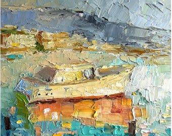 Mediterranean Seascape Oil Painting: Impasto Boat Fine Art 12x12 in