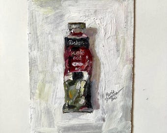 ペイントペインティング：紫と赤のペイントチューブの静物画、印象派のアートワーク（6x8）