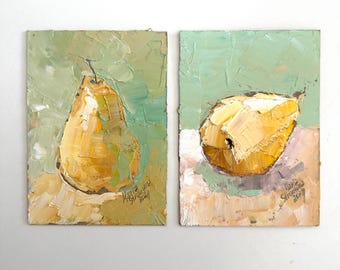 Set of 2 Impasto Pear Oil Painting: Original Kitchen Still Life Art (6x8)