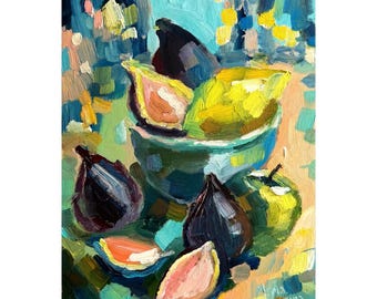Still Life with Figs: Original Oil Painting Blue Green Palette (8x12")